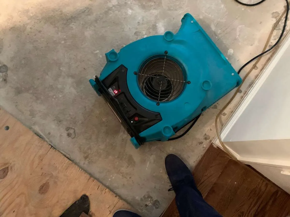 Air mover drying subfloor during Commercial Water Damage Restoration in Fruitvale